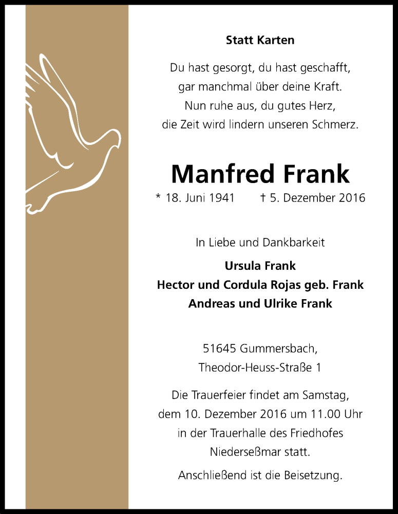  Traueranzeige für Manfred Frank vom 07.12.2016 aus Kölner Stadt-Anzeiger / Kölnische Rundschau / Express