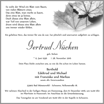 Anzeige von Gertrud Nücken von  Blickpunkt Euskirchen 