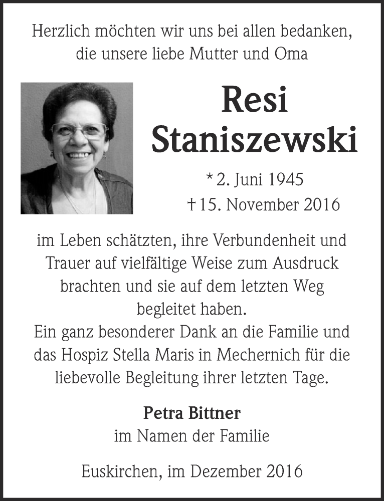  Traueranzeige für Resi Staniszewski vom 10.12.2016 aus  Blickpunkt Euskirchen 