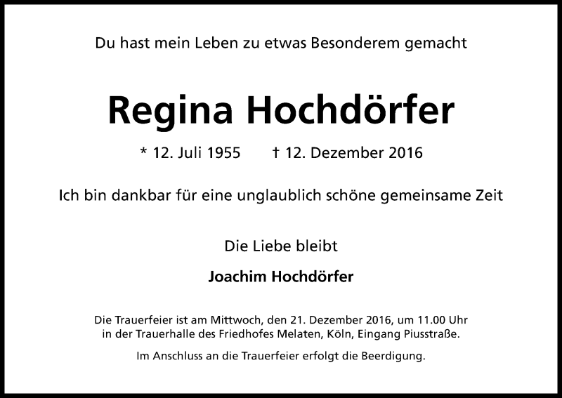  Traueranzeige für Regina Hochdörfer vom 17.12.2016 aus Kölner Stadt-Anzeiger / Kölnische Rundschau / Express