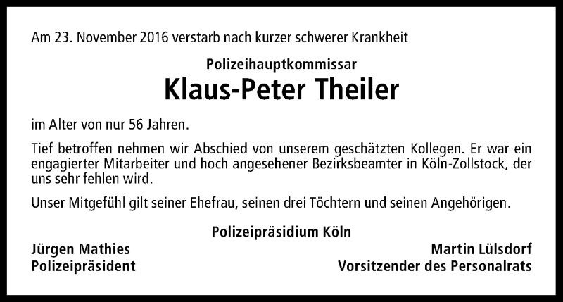  Traueranzeige für Klaus-Peter Theiler vom 03.12.2016 aus Kölner Stadt-Anzeiger / Kölnische Rundschau / Express