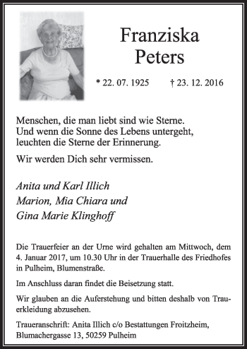 Anzeige von Franziska Peters von  Sonntags-Post 