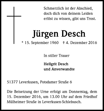 Anzeige von Jürgen Desch von Kölner Stadt-Anzeiger / Kölnische Rundschau / Express