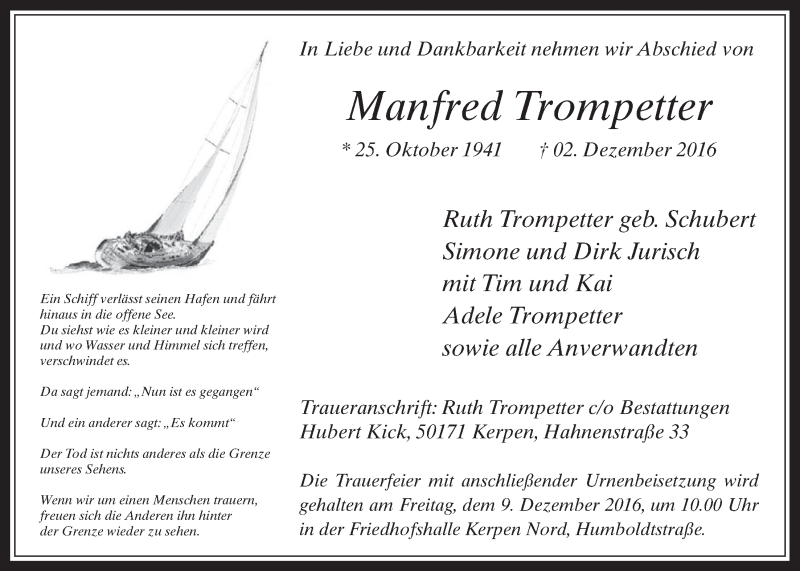  Traueranzeige für Manfred Trompetter vom 07.12.2016 aus  Werbepost 