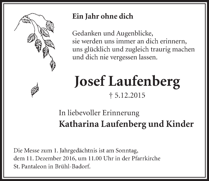  Traueranzeige für Josef Laufenberg vom 07.12.2016 aus  Schlossbote/Werbekurier 