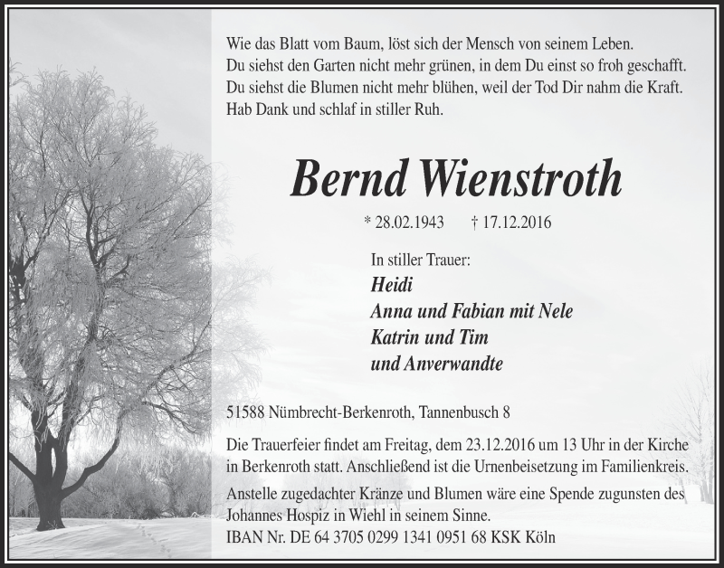 Traueranzeige für Bernd Wienstroth vom 21.12.2016 aus  Lokalanzeiger 