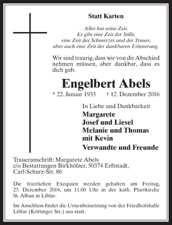 Anzeige von Engelbert Abels von  Wochenende  Werbepost 
