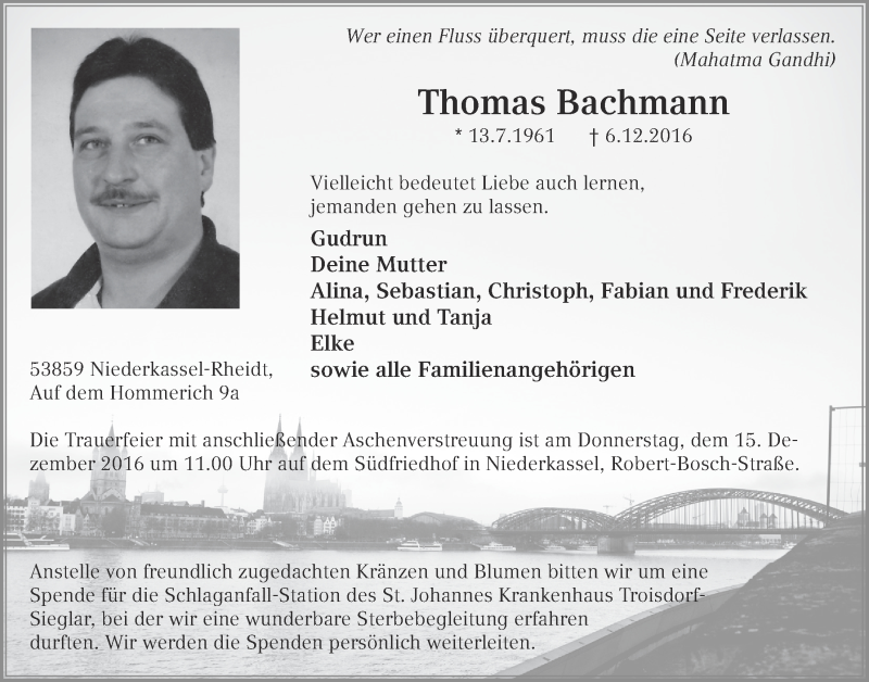  Traueranzeige für Thomas Bachmann vom 14.12.2016 aus  Extra Blatt 