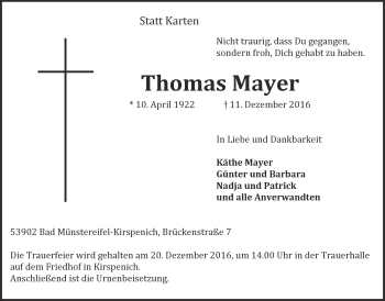 Anzeige von Thomas Mayer von  Blickpunkt Euskirchen 