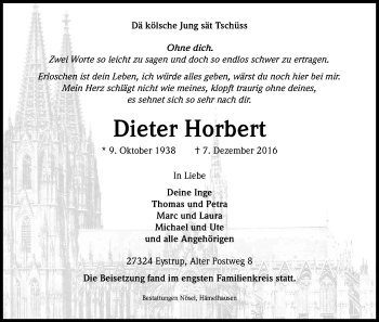 Anzeige von Dieter Horbert von Kölner Stadt-Anzeiger / Kölnische Rundschau / Express