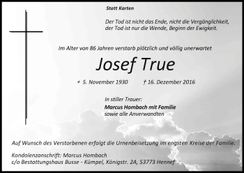 Anzeige von Josef True von Kölner Stadt-Anzeiger / Kölnische Rundschau / Express