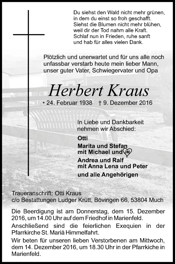  Traueranzeige für Herbert Kraus vom 13.12.2016 aus Kölner Stadt-Anzeiger / Kölnische Rundschau / Express