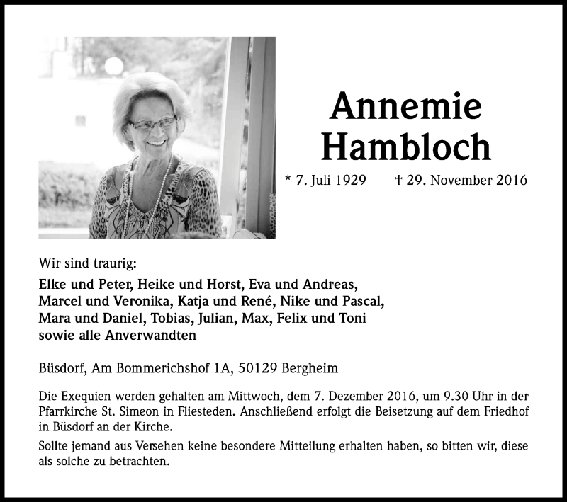  Traueranzeige für Annemie Hambloch vom 03.12.2016 aus Kölner Stadt-Anzeiger / Kölnische Rundschau / Express