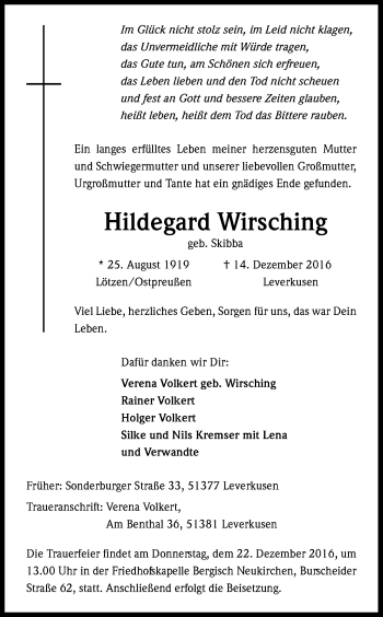 Anzeige von Hildegard Wirsching von Kölner Stadt-Anzeiger / Kölnische Rundschau / Express