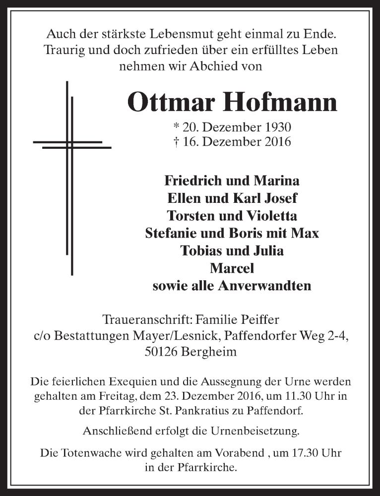  Traueranzeige für Ottmar Hofmann vom 21.12.2016 aus  Werbepost 
