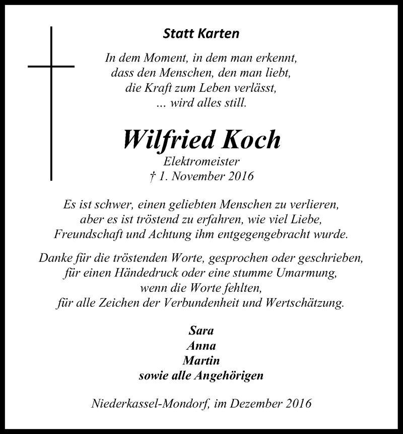  Traueranzeige für Wilfried Koch vom 03.12.2016 aus Kölner Stadt-Anzeiger / Kölnische Rundschau / Express