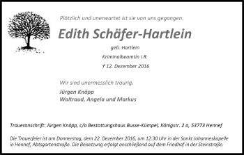 Anzeige von Edith Schäfer-Hartlein von Kölner Stadt-Anzeiger / Kölnische Rundschau / Express