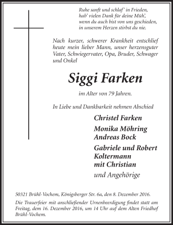 Anzeige von Siggi Farken von  Schlossbote/Werbekurier 