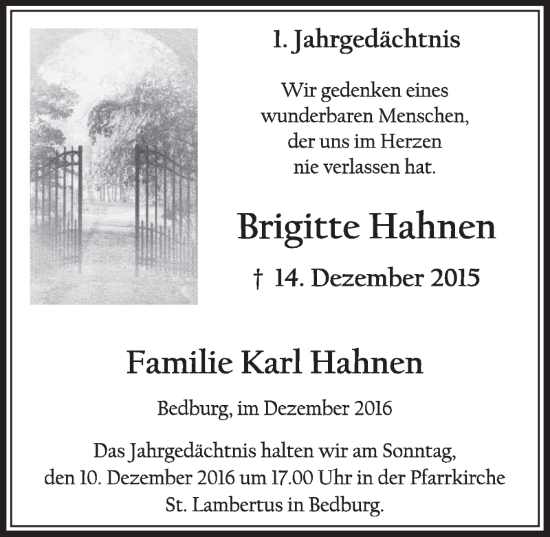  Traueranzeige für Brigitte Hahnen vom 07.12.2016 aus  Werbepost 