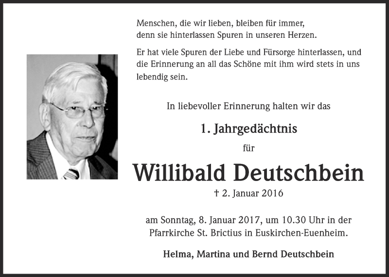  Traueranzeige für Willibald Deutschbein vom 31.12.2016 aus  Blickpunkt Euskirchen 