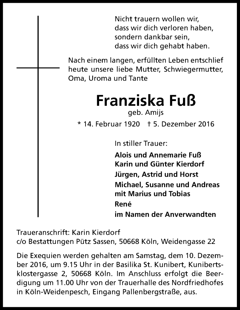  Traueranzeige für Franziska Fuß vom 08.12.2016 aus Kölner Stadt-Anzeiger / Kölnische Rundschau / Express
