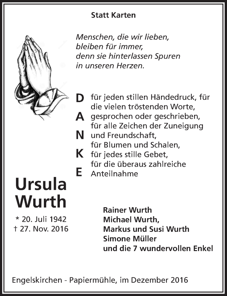  Traueranzeige für Ursula Wurth vom 21.12.2016 aus  Anzeigen Echo 
