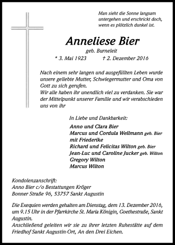 Anzeige von Anneliese Bier von Kölner Stadt-Anzeiger / Kölnische Rundschau / Express
