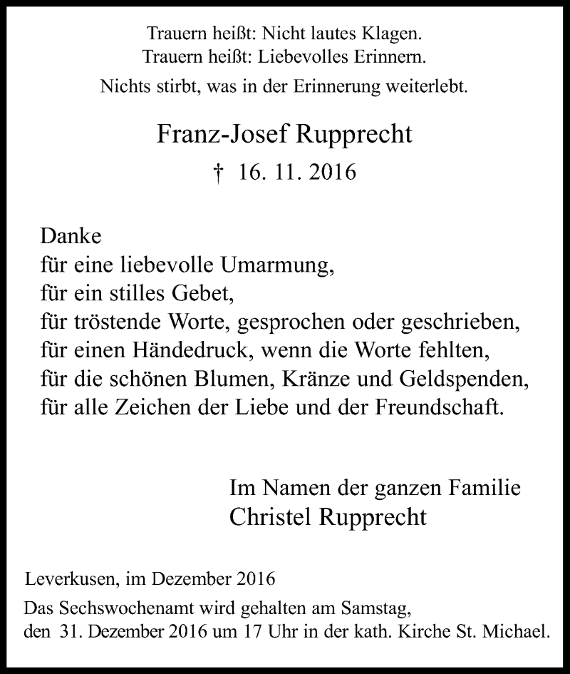  Traueranzeige für Franz-Josef Rupprecht vom 14.12.2016 aus Kölner Stadt-Anzeiger / Kölnische Rundschau / Express