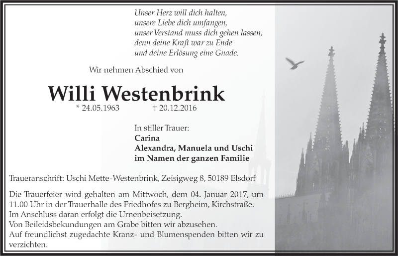  Traueranzeige für Willi Westenbrink vom 31.12.2016 aus  Sonntags-Post 