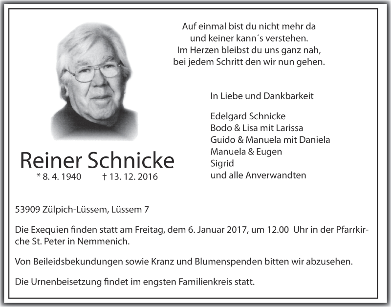  Traueranzeige für Reiner Schnicke vom 31.12.2016 aus  Blickpunkt Euskirchen 