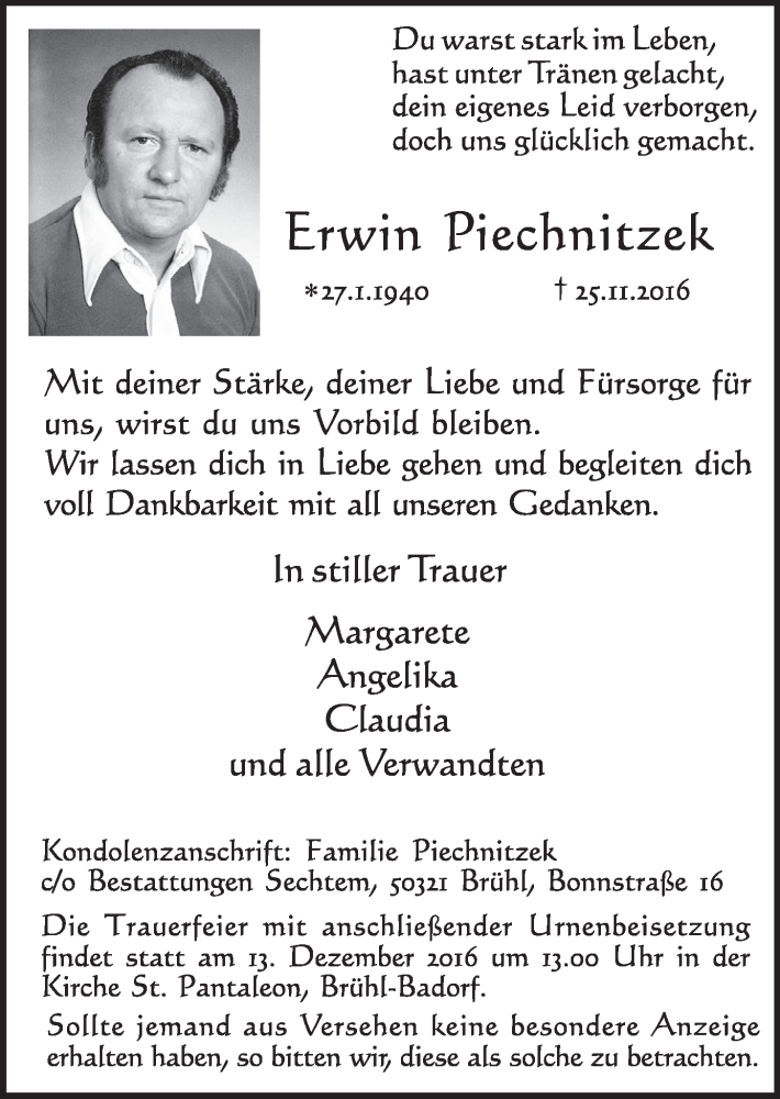  Traueranzeige für Erwin Piechnitzek vom 07.12.2016 aus  Schlossbote/Werbekurier 