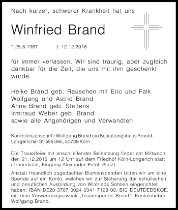 Anzeige von Winfried Brand von Kölner Stadt-Anzeiger / Kölnische Rundschau / Express