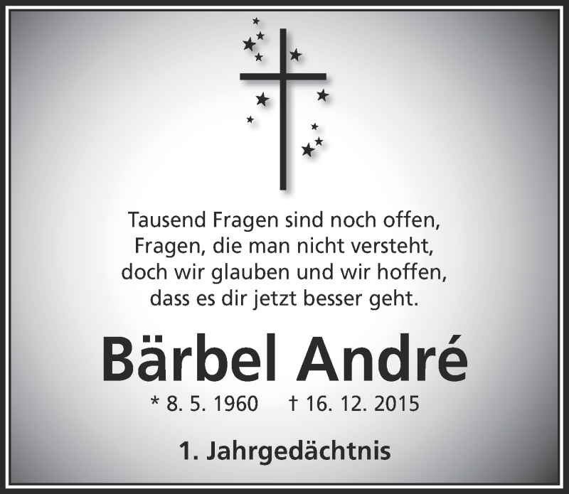  Traueranzeige für Bärbel André vom 14.12.2016 aus  Anzeigen Echo 