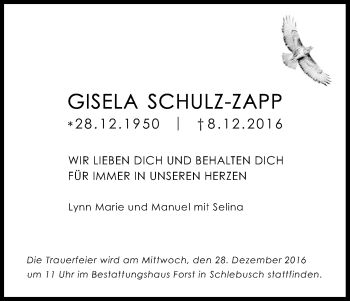 Anzeige von Gisela Schulz-Zapp von Kölner Stadt-Anzeiger / Kölnische Rundschau / Express