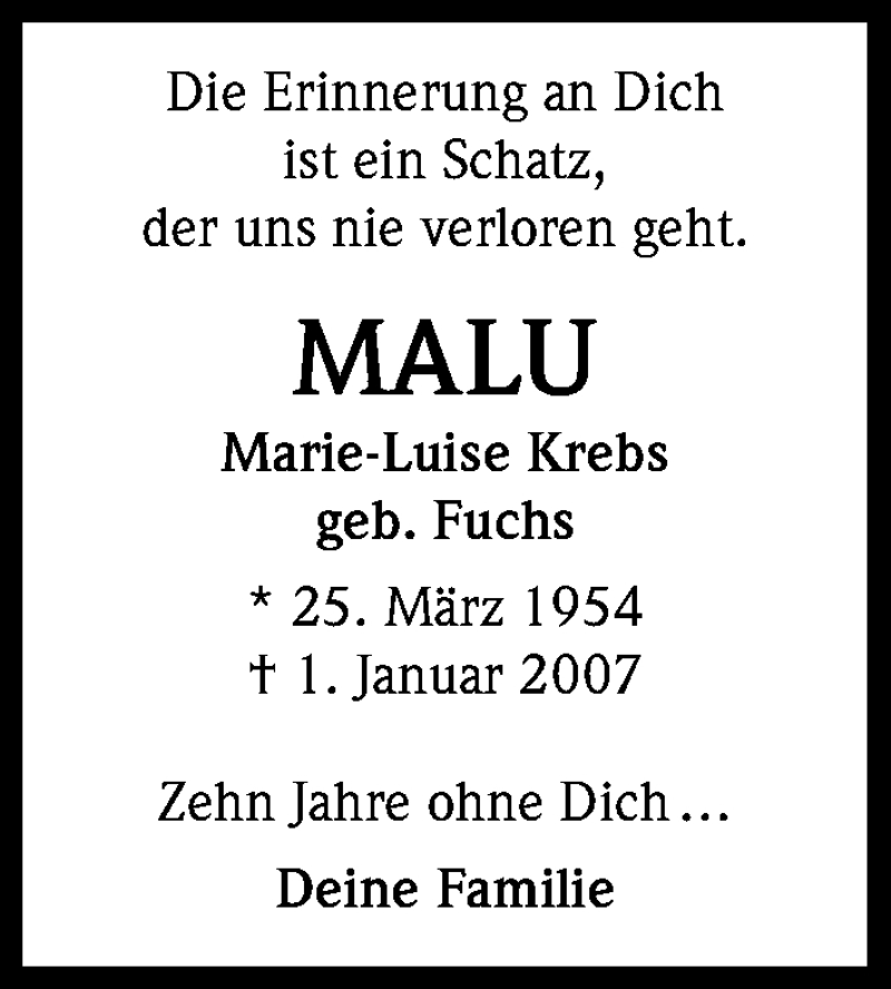  Traueranzeige für MALU Marie-Luise Krebs vom 31.12.2016 aus Kölner Stadt-Anzeiger / Kölnische Rundschau / Express