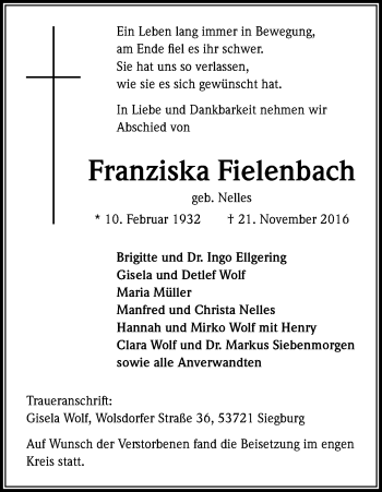 Anzeige von Franziska Fielenbach von Kölner Stadt-Anzeiger / Kölnische Rundschau / Express