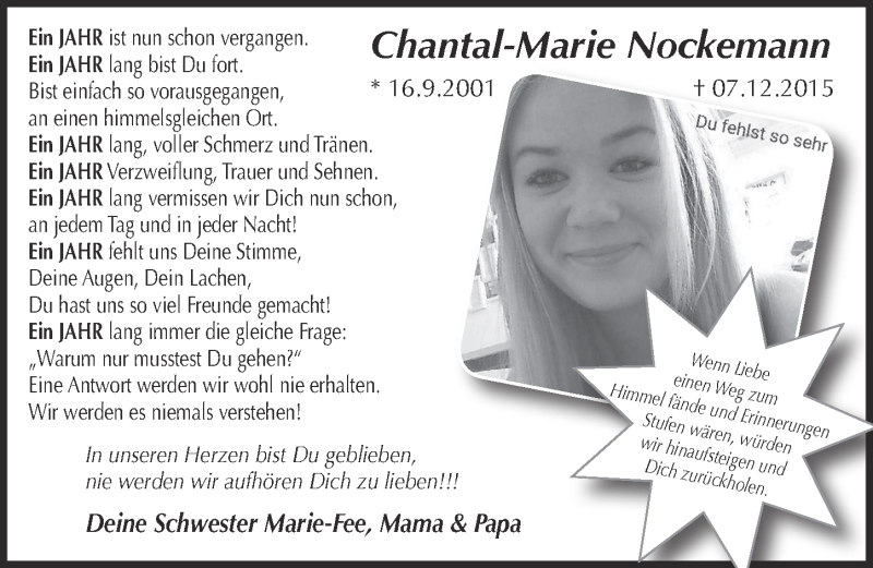  Traueranzeige für Chantal-Marie Nockemann vom 07.12.2016 aus  Anzeigen Echo 