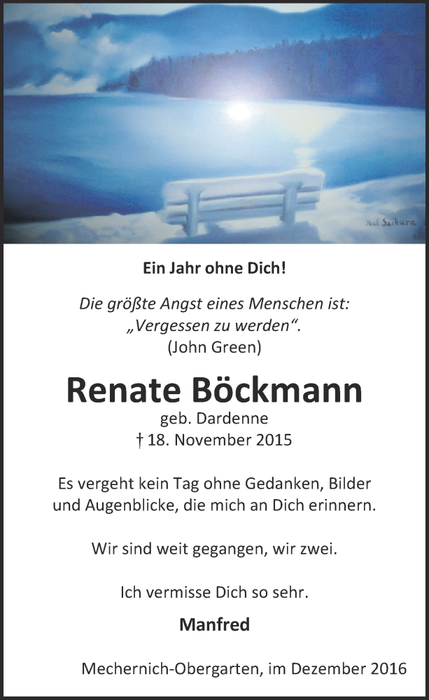  Traueranzeige für Renate Böckmann vom 03.12.2016 aus  Blickpunkt Euskirchen 