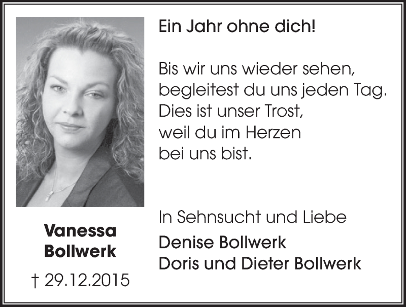  Traueranzeige für Vanessa Bollwerk vom 28.12.2016 aus  Schlossbote/Werbekurier 