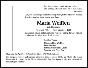 Anzeige von Maria Weiffen von Kölner Stadt-Anzeiger / Kölnische Rundschau / Express