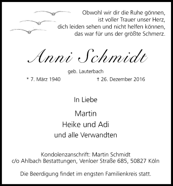 Anzeige von Anni Schmidt von Kölner Stadt-Anzeiger / Kölnische Rundschau / Express