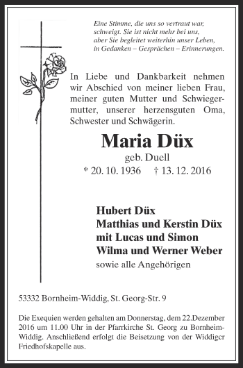 Anzeige von Maria Düx von  Schlossbote/Werbekurier 