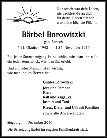 Anzeige von Bärbel Borowitzki von Kölner Stadt-Anzeiger / Kölnische Rundschau / Express