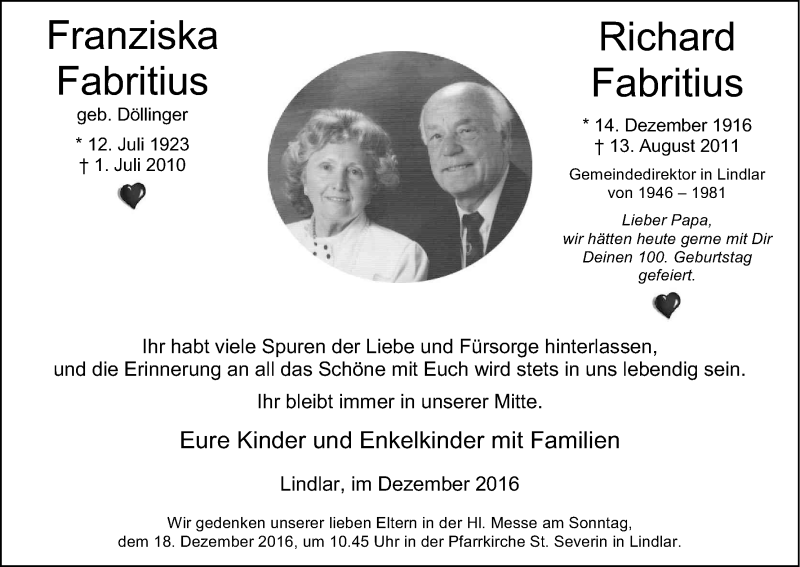 Traueranzeige für Franziska und Richard Fabritius vom 14.12.2016 aus Kölner Stadt-Anzeiger / Kölnische Rundschau / Express