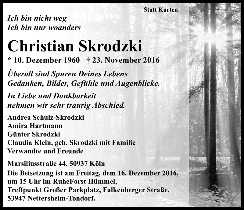  Traueranzeige für Christian Skrodzki vom 03.12.2016 aus Kölner Stadt-Anzeiger / Kölnische Rundschau / Express