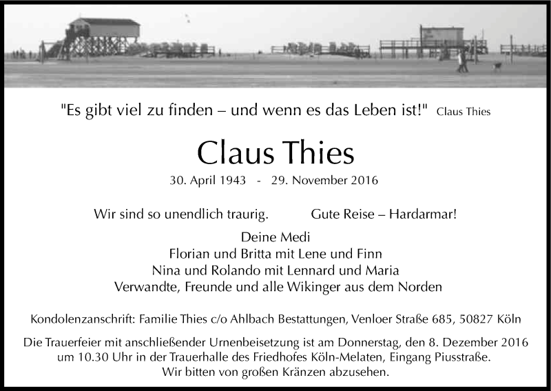  Traueranzeige für Claus Thies vom 03.12.2016 aus Kölner Stadt-Anzeiger / Kölnische Rundschau / Express