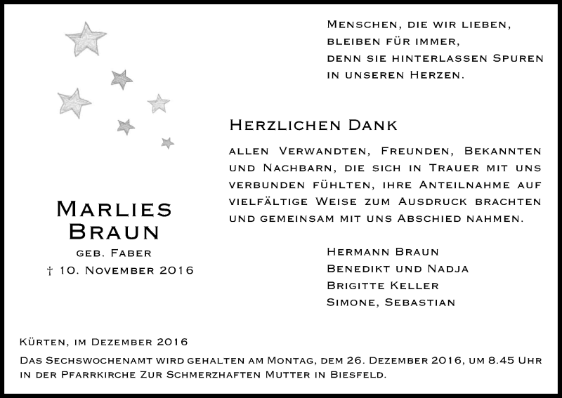  Traueranzeige für Marlies Braun vom 17.12.2016 aus Kölner Stadt-Anzeiger / Kölnische Rundschau / Express
