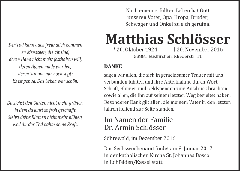  Traueranzeige für Matthias Schlösser vom 31.12.2016 aus  Blickpunkt Euskirchen 