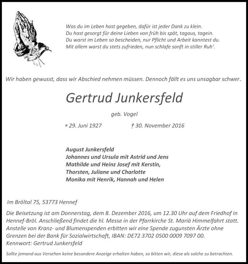  Traueranzeige für Gertrud Junkersfeld vom 03.12.2016 aus Kölner Stadt-Anzeiger / Kölnische Rundschau / Express
