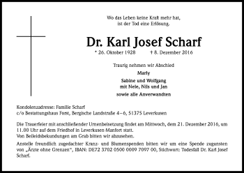 Anzeige von Karl Josef Scharf von Kölner Stadt-Anzeiger / Kölnische Rundschau / Express